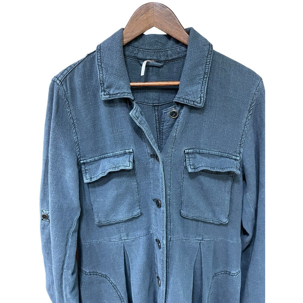 Free People 'Rainz'  Linen Duster Jacket Long Dress Blue Oversized Size Medium - Picture 4 of 10
